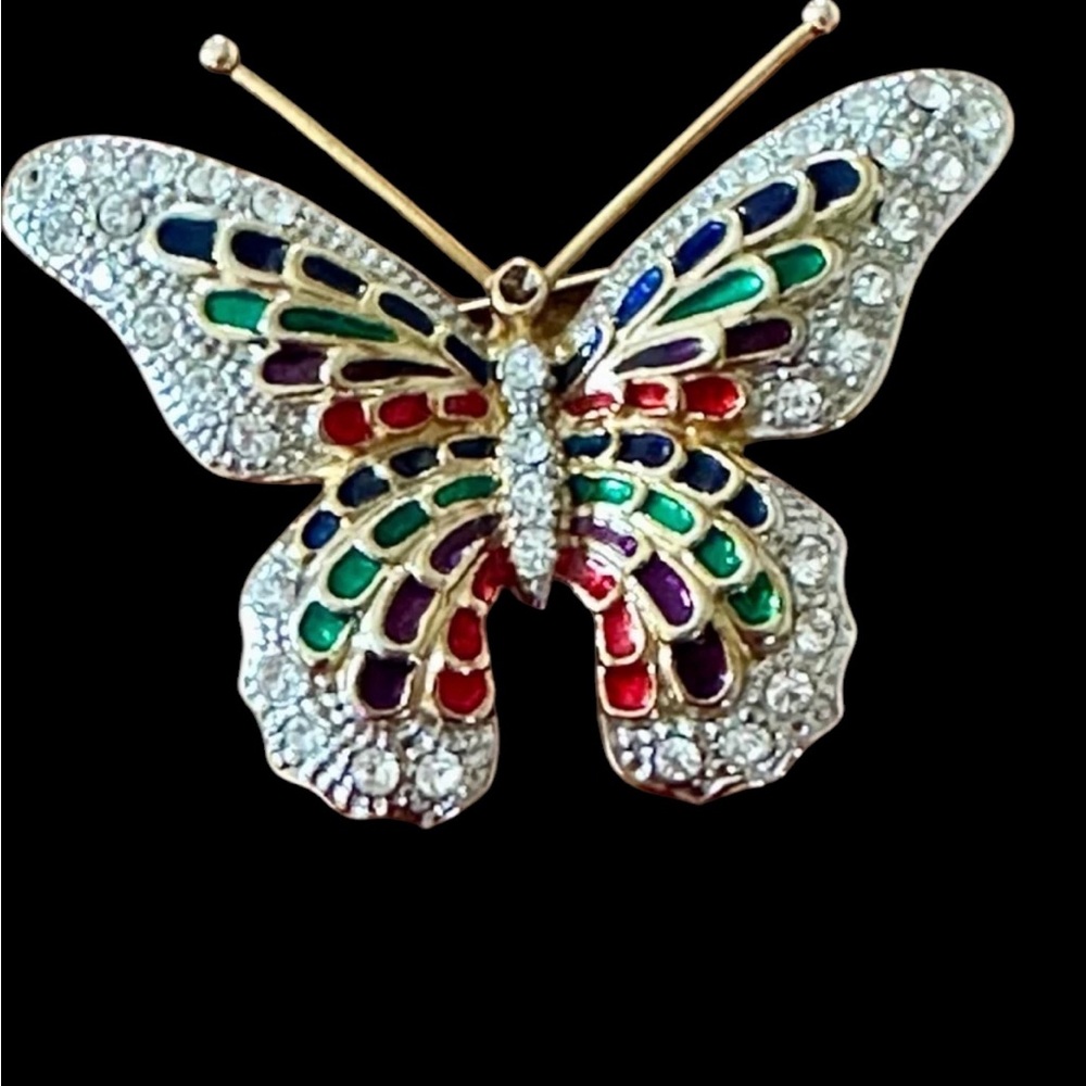 Vintage Butterfly Brooch Gold Tone with Red & Green Enamel Clear Crystals